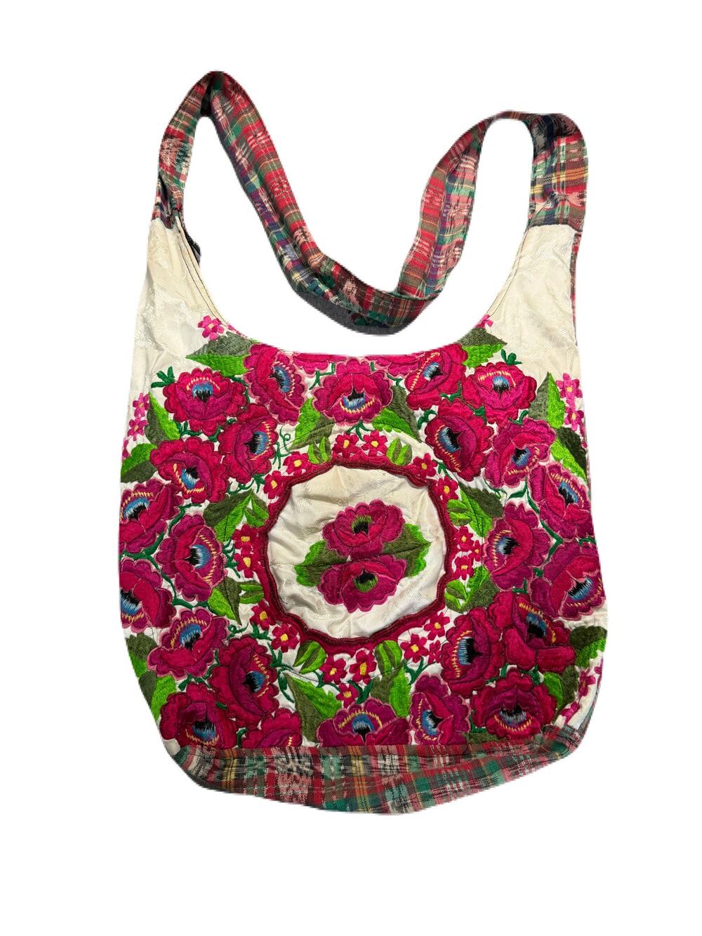 Handmade Mexican Embroidered Floral Pink Rose Boho Zip Womens Shoulder Bag Purse